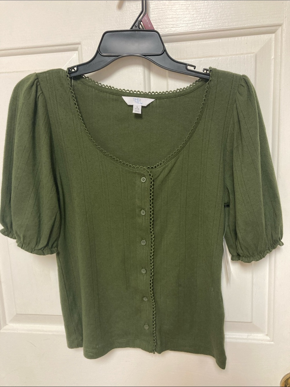 Time and Tru Olive Green Puff Sleeve Button-Front Top